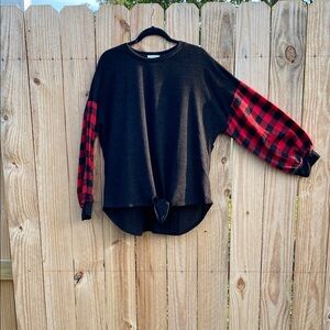 Sweet Love Black and Red Long Sleeve Tee with Plaid Sleeves